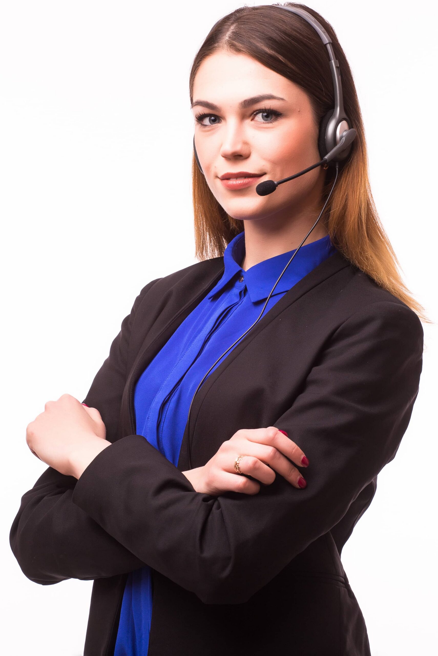 Home portrait happy smiling cheerful support phone operator headset isolated white wall